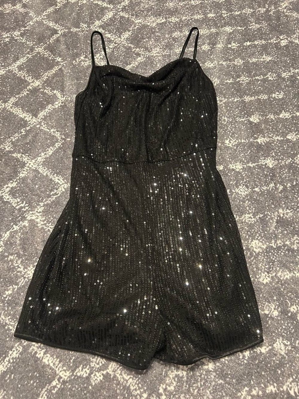 Black Sequin Cowl Neck Romper with Spaghetti Straps